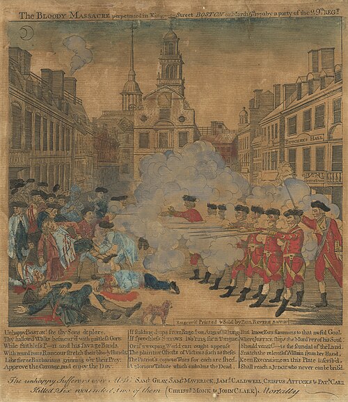 The Boston Massacre, hand-colored engraving by Paul Revere after Henry Pelham, 1770